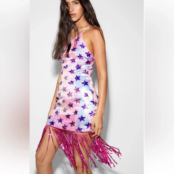 NWT NASTY GAL- Star Sequin Fringe One Shoulder Mini Dress - Picture 3 of 4